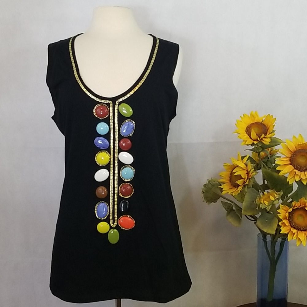 T-Bags Black Multi-Color Stones Knit Tank Top Large